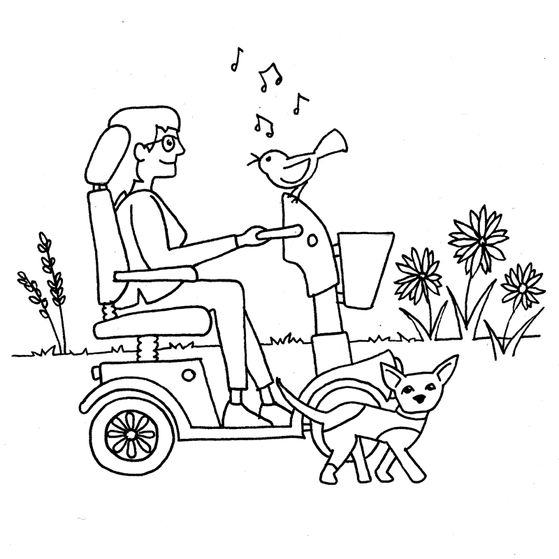 Black and white drawing of a lady on a mobility scooter walking her dog, with a bird singing on the steering wheel.