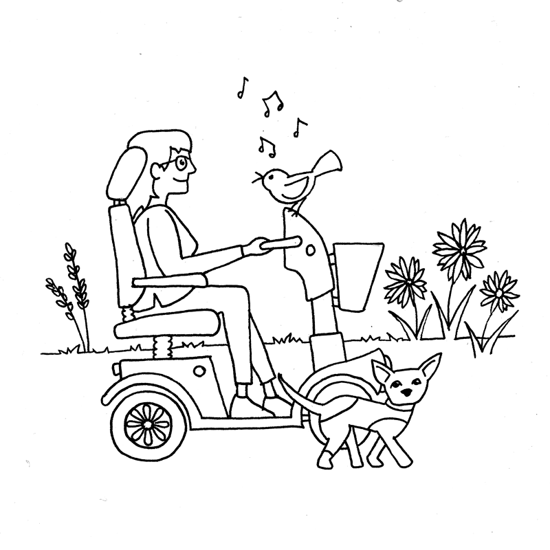 Black and white drawing of a lady on a mobility scooter walking her dog, with a bird singing on the steering wheel.