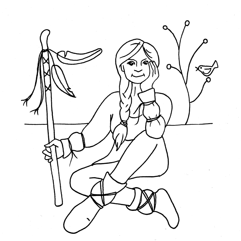 Black and white drawing of a lady sat outside holding a stick with feather attached.