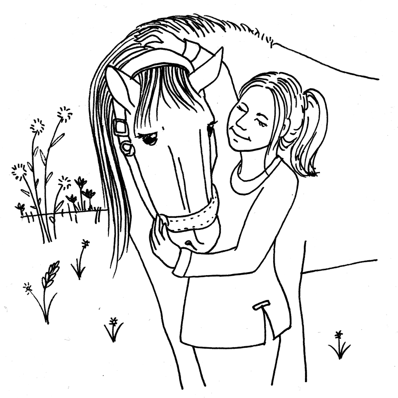 Black and white drawing of a lady stroking a horse