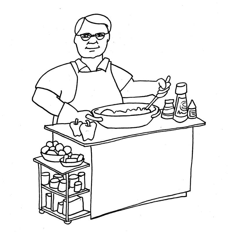 Black and white drawing of a man in an apron stirring a bowl of food.