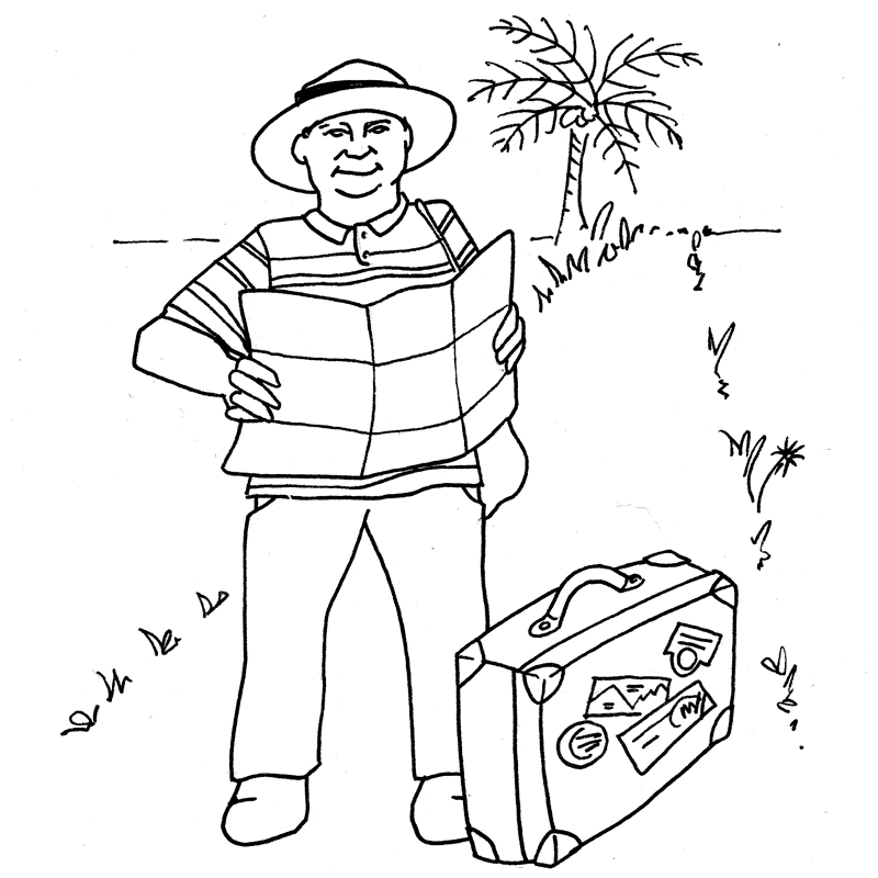 Black and white drawing of a man with a suitcase and a map with a palm tree in the background