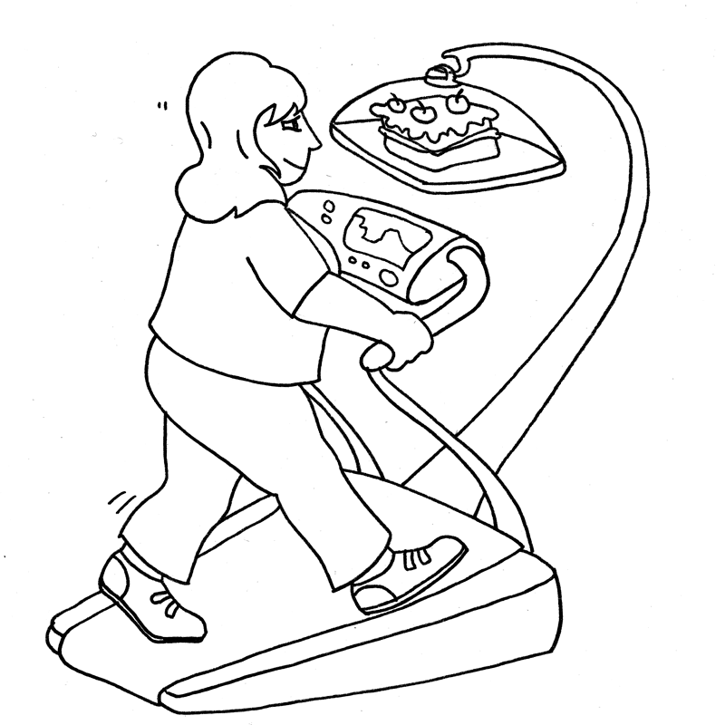 Black and white drawing of a lady walking a treadmill with a cake dangling from a stick.