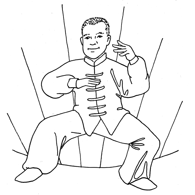 Black and white drawing of a man performing martial arts