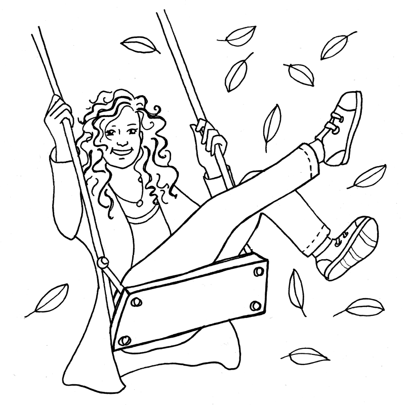 Black and white drawing of a lady smiling on a swing