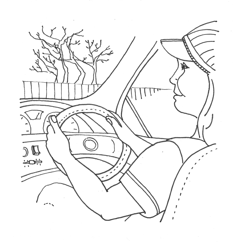 A black and white drawing of a person driving a car