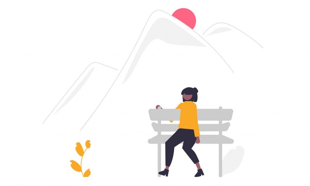 Illustration of a woman sitting on a bench in the countryside